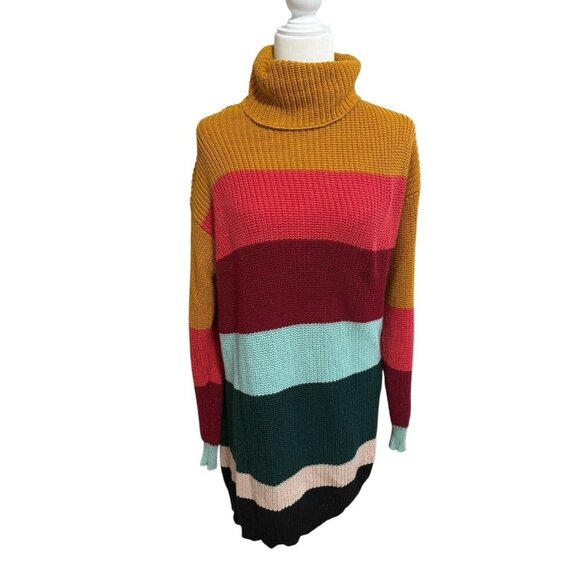 Farm Rio For Anthropologie Multicolor Striped Turtleneck Sweater Dress Small - Picture 2 of 7
